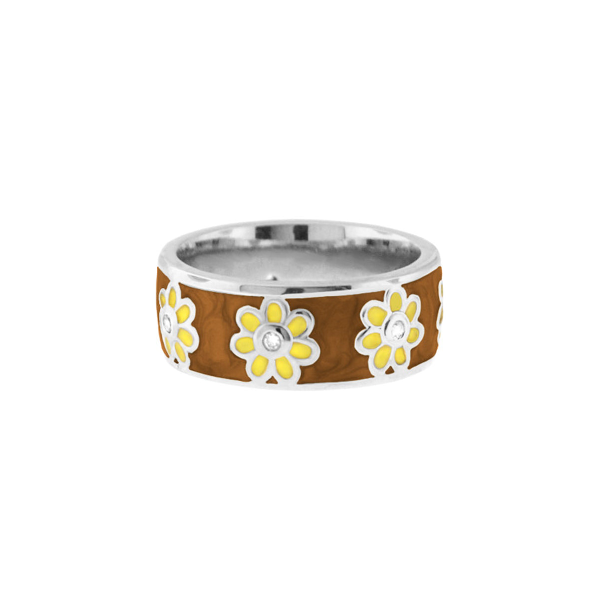 Daisy Love Band Ring by Lauren G Adams, brown inlay band with daisies on Tampa Home & Garden Store