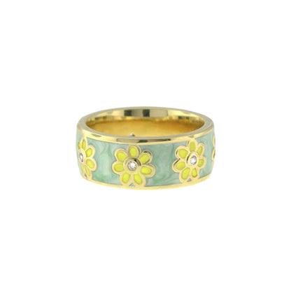 Daisy Love Band Ring Open Flower by Lauren G Adams, golden with teal enamel background and yellow daisies on Tampa Home & Garden Store