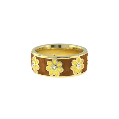 Daisy Love Band Ring Open Flower by Lauren G Adams, gold band with wood inlay and yellow flowers on Tampa Home & Garden Store