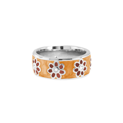 Daisy Love Band Ring open flower with orange enamel inlay and silver daisy motifs on Tampa Home & Garden Store