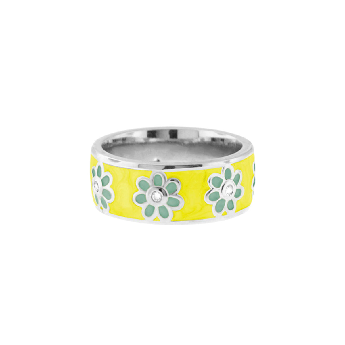 Daisy Love Band Ring — Open Flower yellow enamel band with daisies and crystal centers on Tampa Home & Garden Store