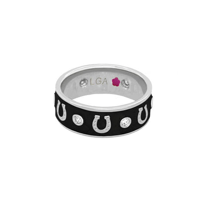 Horseshoe Equestrian Ring by Lauren G Adams, black enamel band with horseshoes and crystals on Tampa Home & Garden Store