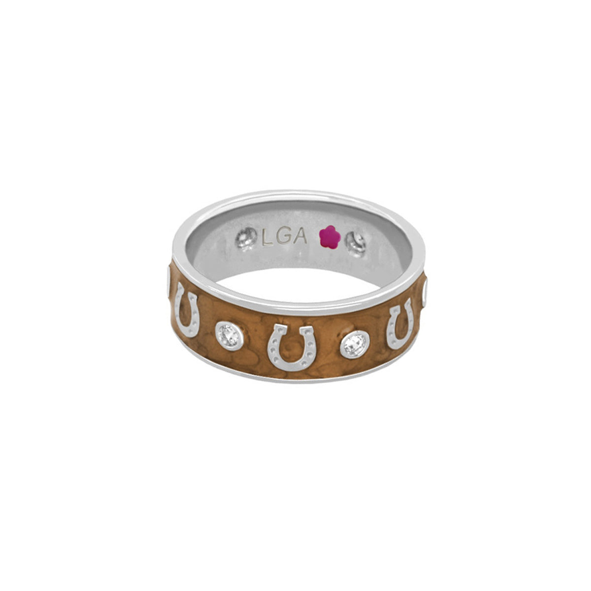 Horseshoe Equestrian Ring band with brown leather inlay and crystal accents Lauren G Adams on Tampa Home & Garden Store