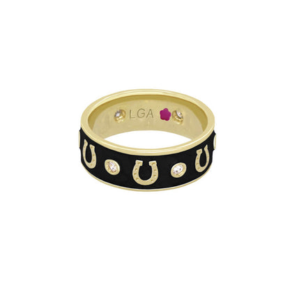 Horseshoe Equestrian Ring, gold band with black enamel and crystal studs, LGA on Tampa Home & Garden Store