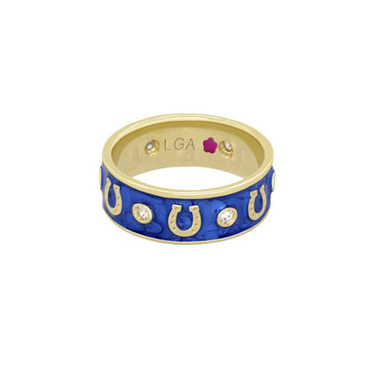 Horseshoe Equestrian Ring blue enamel band with gold horseshoes by Lauren G Adams on Tampa Home & Garden Store