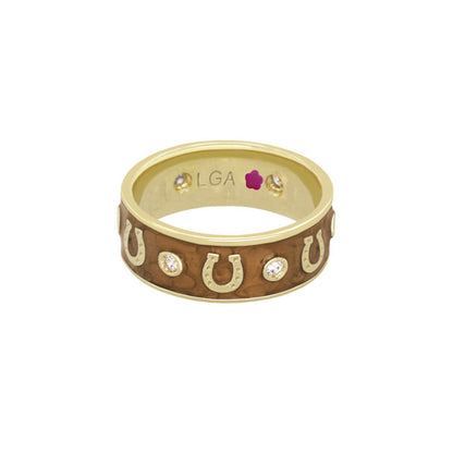 Horseshoe Equestrian Ring by Lauren G Adams, gold band with brown inlay and crystal accents on Tampa Home & Garden Store