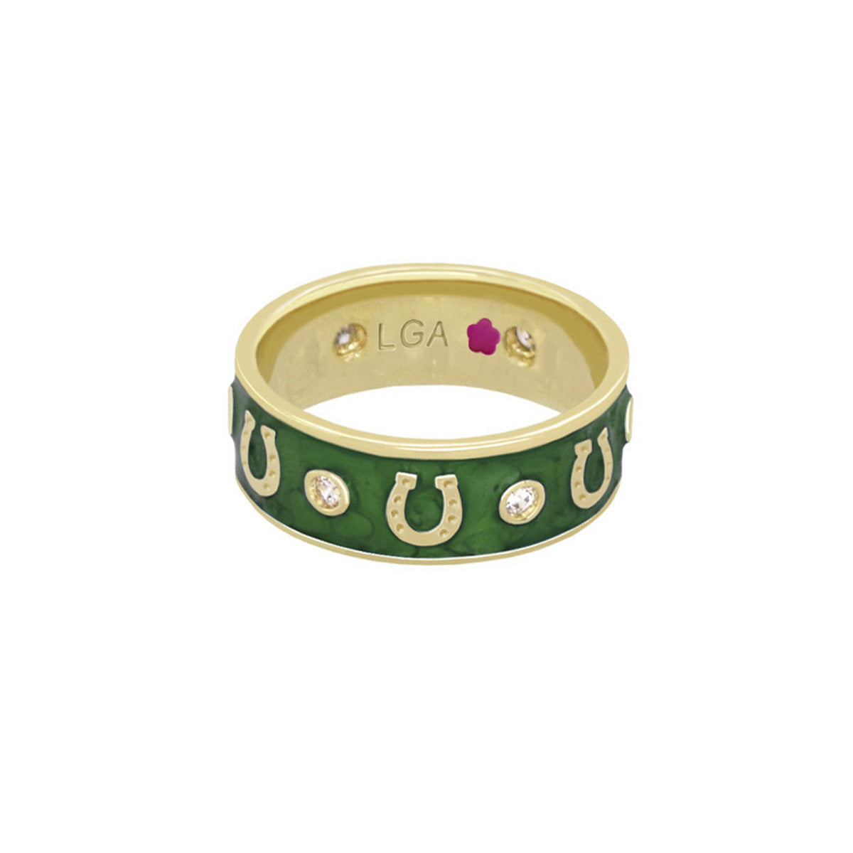 Horseshoe Equestrian Ring with green enamel band and gold horseshoe motifs, LGA stamp on Tampa Home & Garden Store