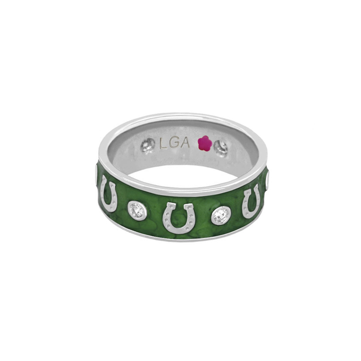 Horseshoe Equestrian Ring, green enamel band with silver horseshoe motifs and stones, LGA on Tampa Home & Garden Store