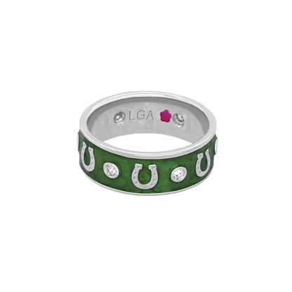 Horseshoe Equestrian Ring, green enamel band with silver horseshoe motifs and stones, LGA on Tampa Home & Garden Store