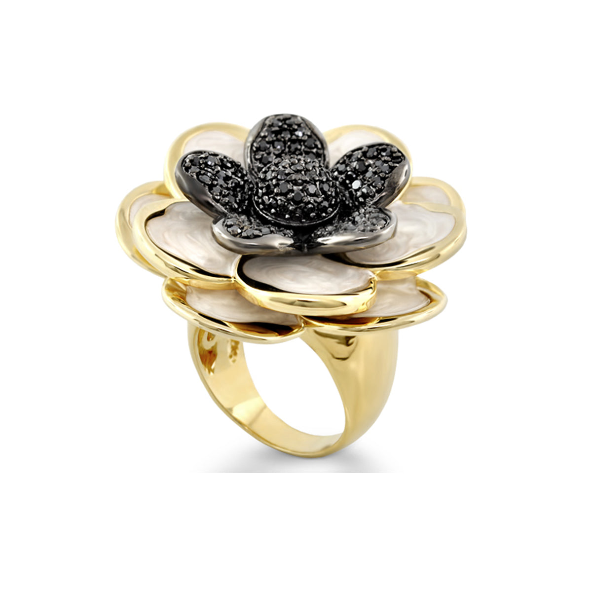 Rose Cocktail Ring by Lauren G Adams, gold petal ring with black pavé center on Tampa Home & Garden Store