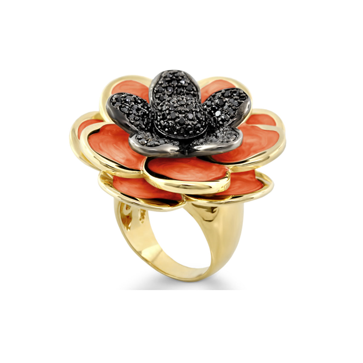 Rose Cocktail Ring by Lauren G Adams, gold-tone coral enamel petals and black pavé center on Tampa Home & Garden Store