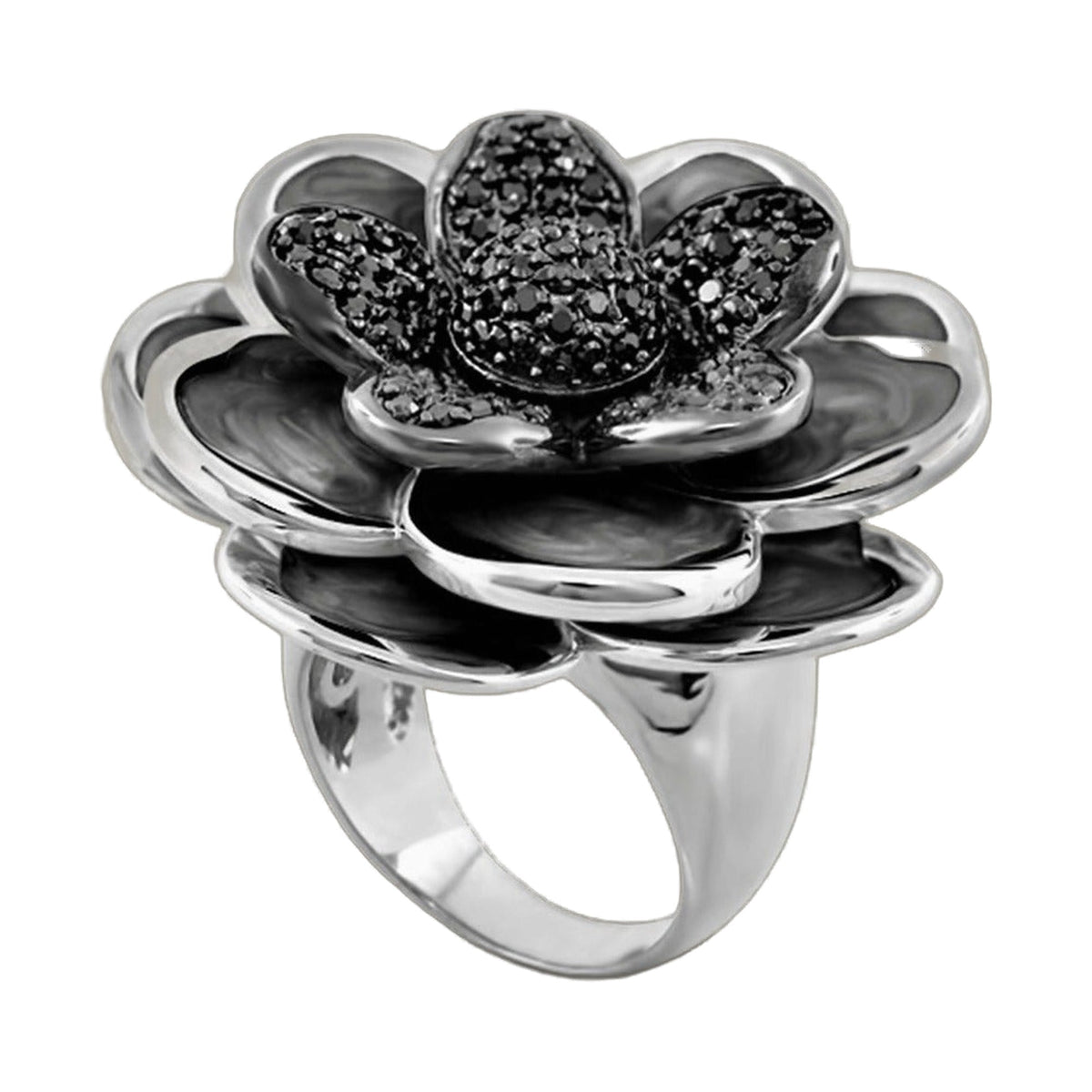 Rose cocktail ring in silver-tone metal with black crystal rose centerpiece by Lauren G Adams on Tampa Home & Garden Store