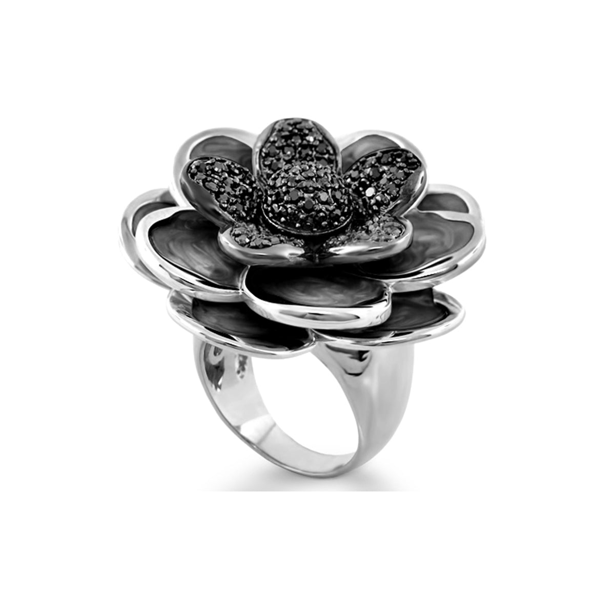 Rose Cocktail Ring by Lauren G Adams, silver multi-petal rose with black pavé stones on Tampa Home & Garden Store