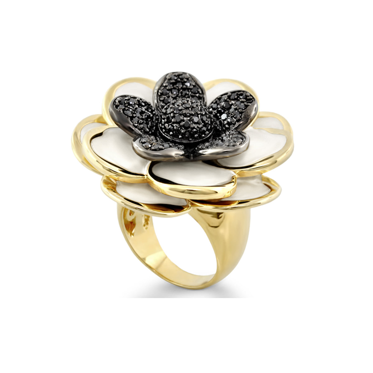 Rose Cocktail Ring by Lauren G Adams, white enamel petals with a black pavé rose on top on Tampa Home & Garden Store