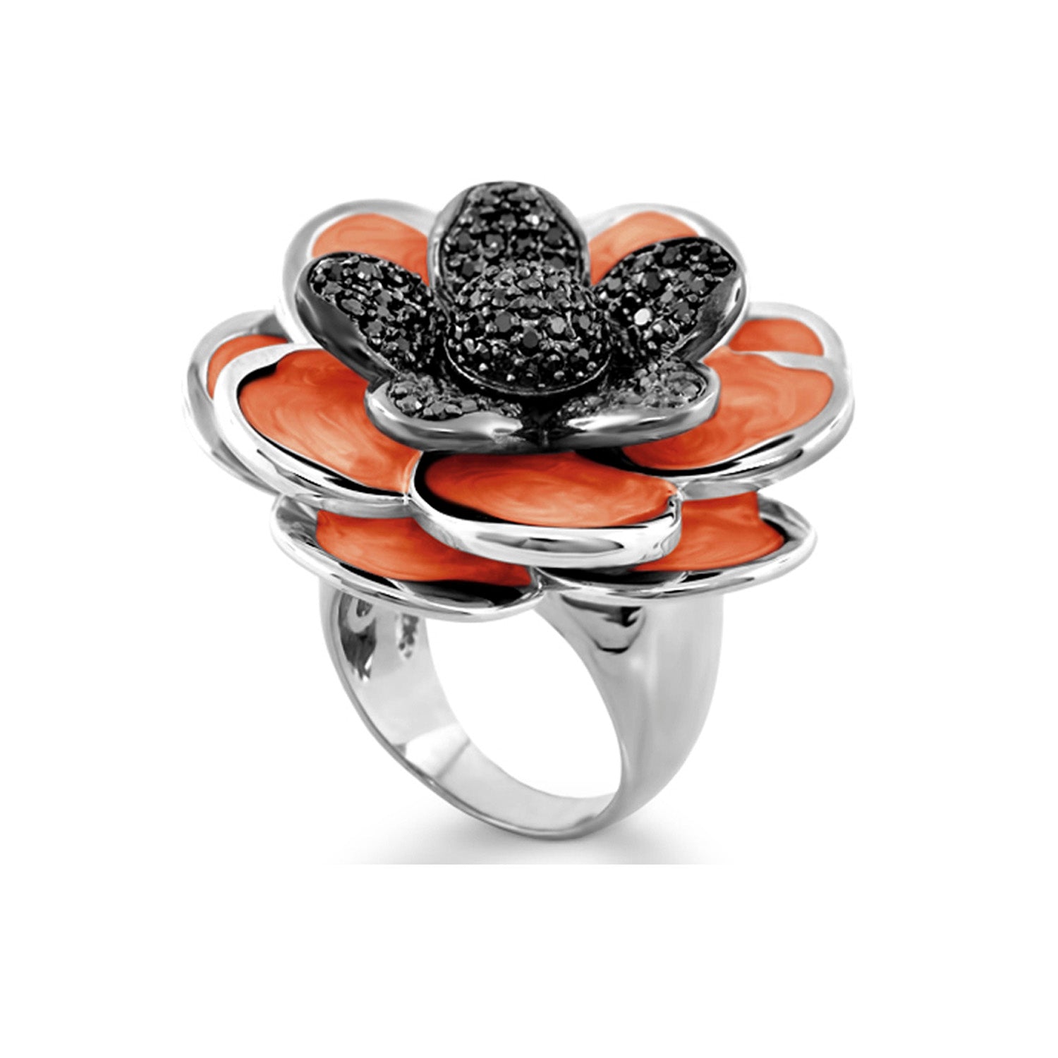 Rose Cocktail Ring Lauren G Adams with orange enamel petals and a black crystal center on a silver band on Tampa Home & Garden Store