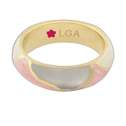 Earth Wind Stackable Ring by Lauren G Adams, gold band with pink enamel inlay and LGA logo on Tampa Home & Garden Store