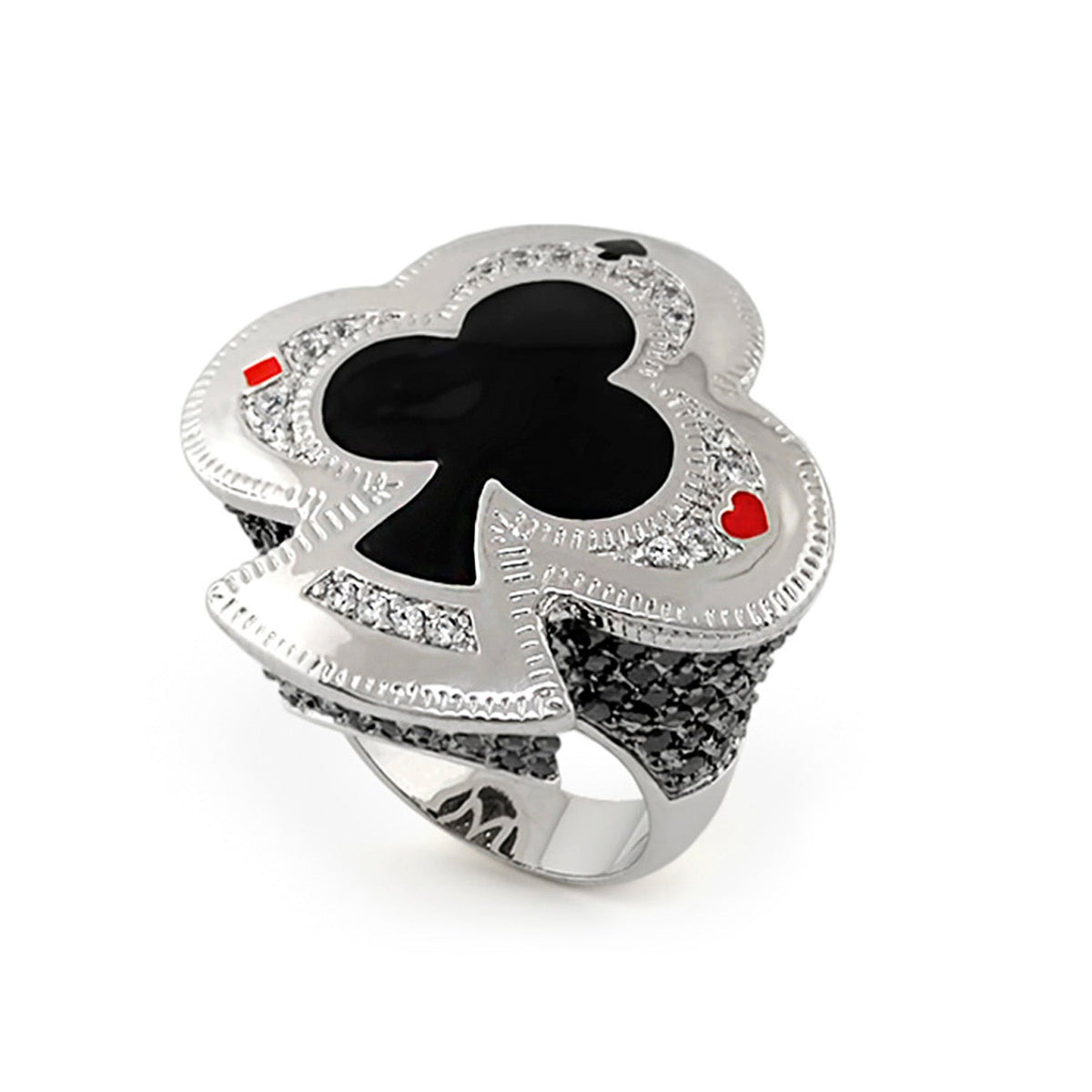 Players Club Ring by Lauren G Adams; black club motif, diamond pavé, red hearts on silver band on Tampa Home & Garden Store