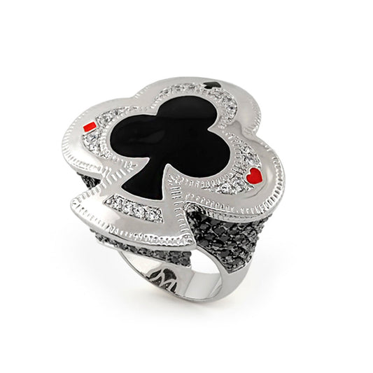 Players Club Ring by Lauren G Adams; black club motif, diamond pavé, red hearts on silver band on Tampa Home & Garden Store