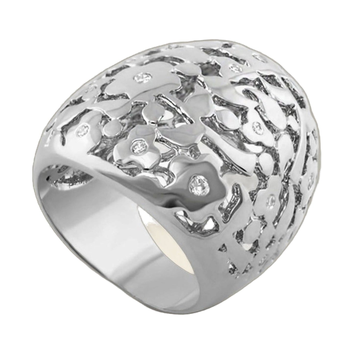 Flowers by Orly Cocktail Ring Bold Tone on Tone Dome hammered silver with crystals on Tampa Home & Garden Store