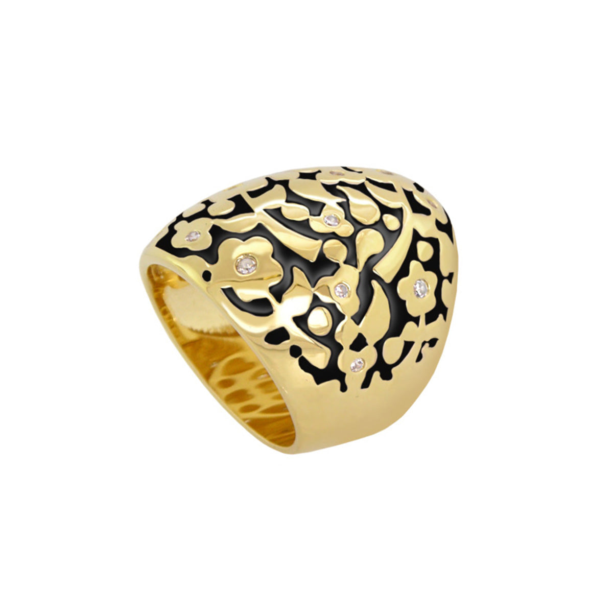 Flowers by Orly Cocktail Ring gold with black enamel floral cutouts and crystal dots on Tampa Home & Garden Store