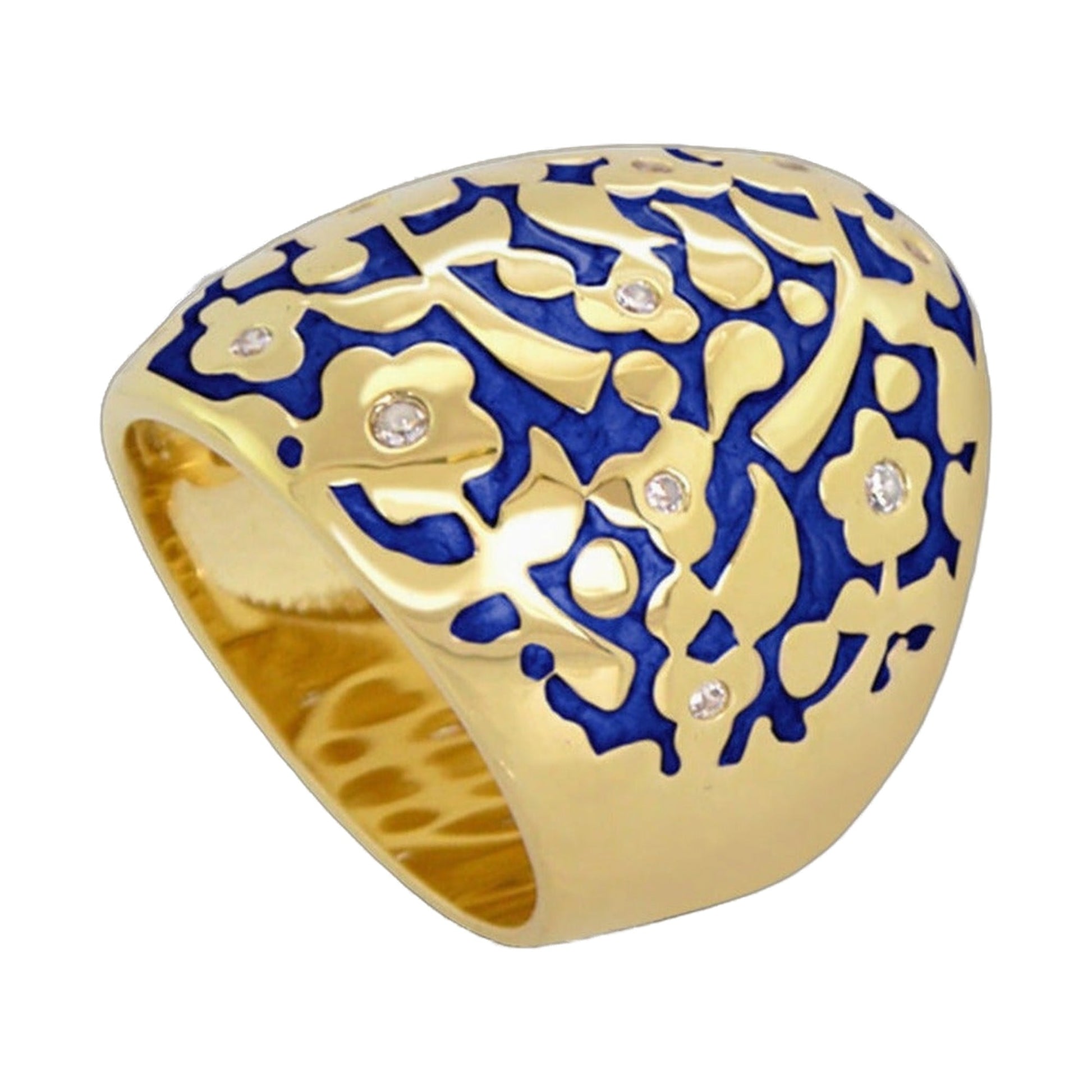 Cocktail ring Flowers by Orly Bold Crystal Dome in gold with blue enamel motif and crystals on Tampa Home & Garden Store