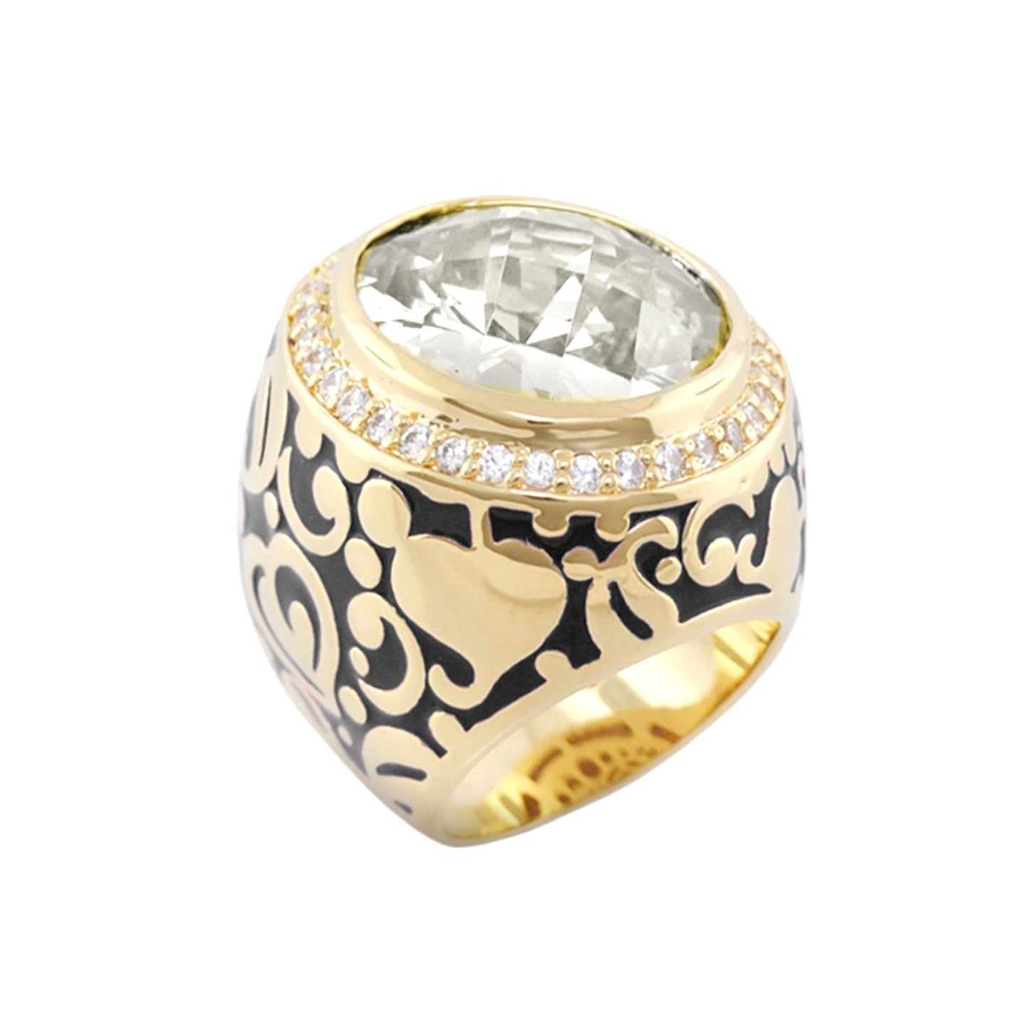 Hidden Hearts Cocktail Ring in gold with black enamel filigree, oval stone and pavé band on Tampa Home & Garden Store