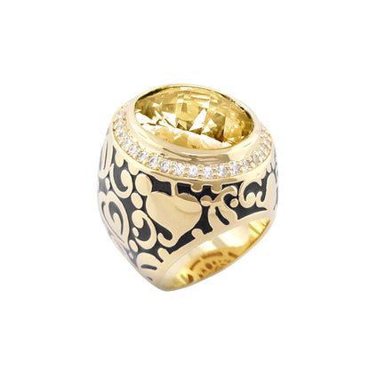 Hidden Hearts Cocktail Ring by Lauren G Adams, gold-tone with black enamel and yellow gem on Tampa Home & Garden Store