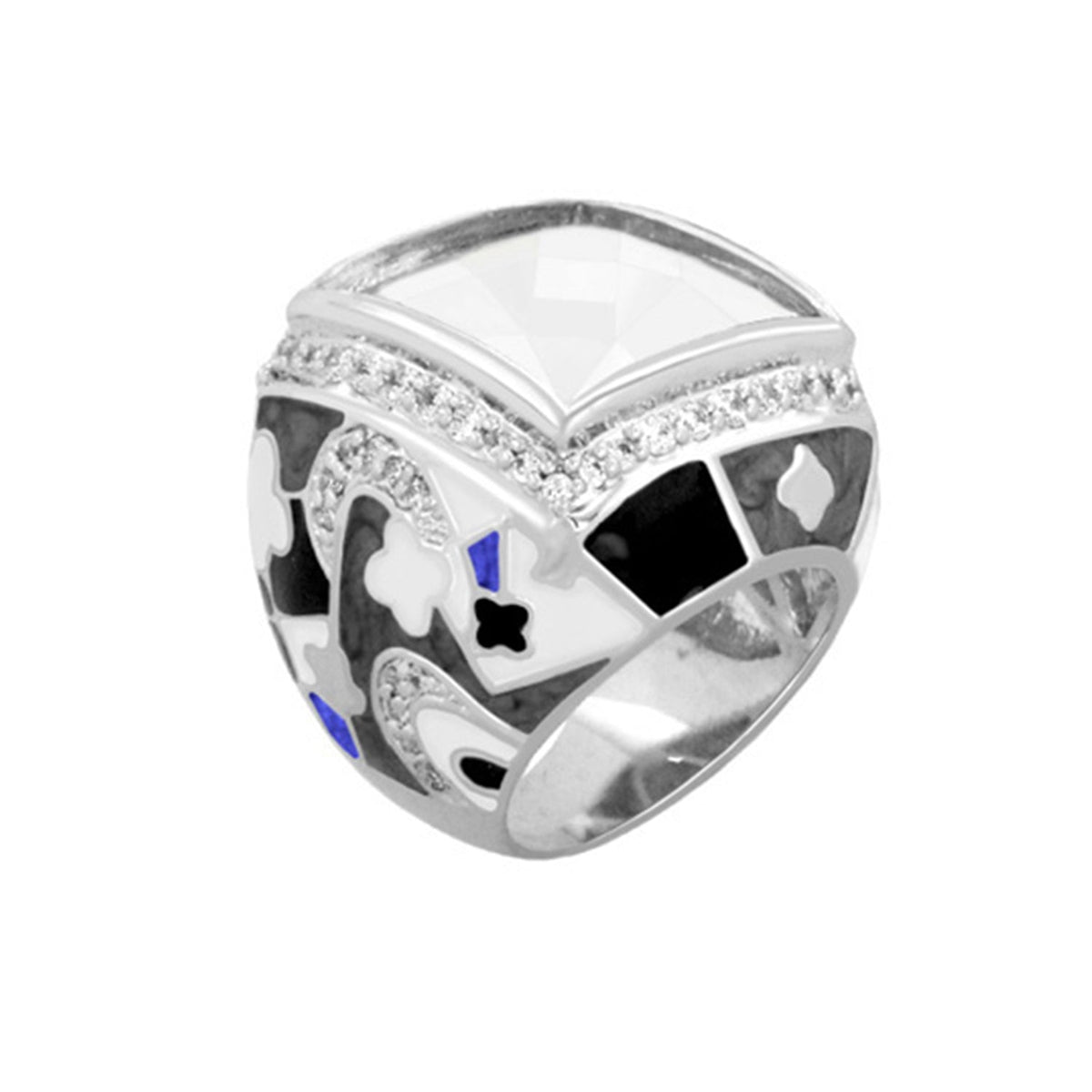 Fun Clover Cocktail Ring, silver ring with pavé diamonds and blue enamel clover accents on Tampa Home & Garden Store