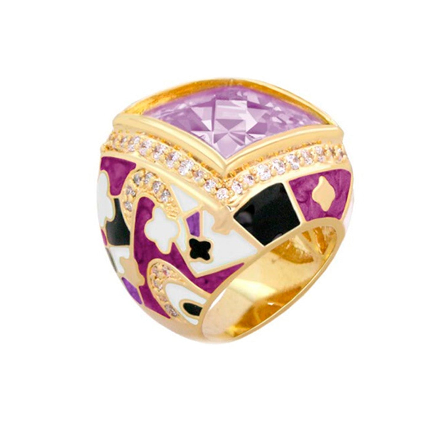 Fun Clover Cocktail Ring by Lauren G Adams, gold-tone band with purple gem and pave diamonds on Tampa Home & Garden Store