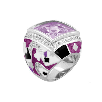 Fun Clover Cocktail Ring lavender stone with pavé diamonds and purple enamel clover accents on silver band on Tampa Home & Garden Store