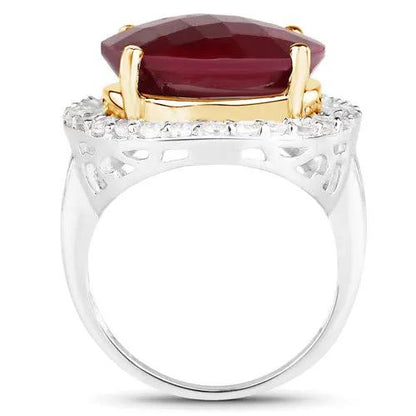 Ring with 13.10ct dyed ruby and white topaz in .925 sterling silver, gold-tone prongs on Tampa Home & Garden Store