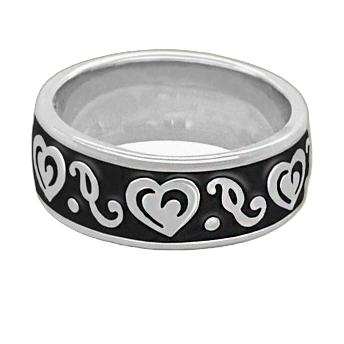 Hidden Hearts Ring - Enamel Scroll Band, black enamel with white scroll heart motif on Tampa Home & Garden Store
