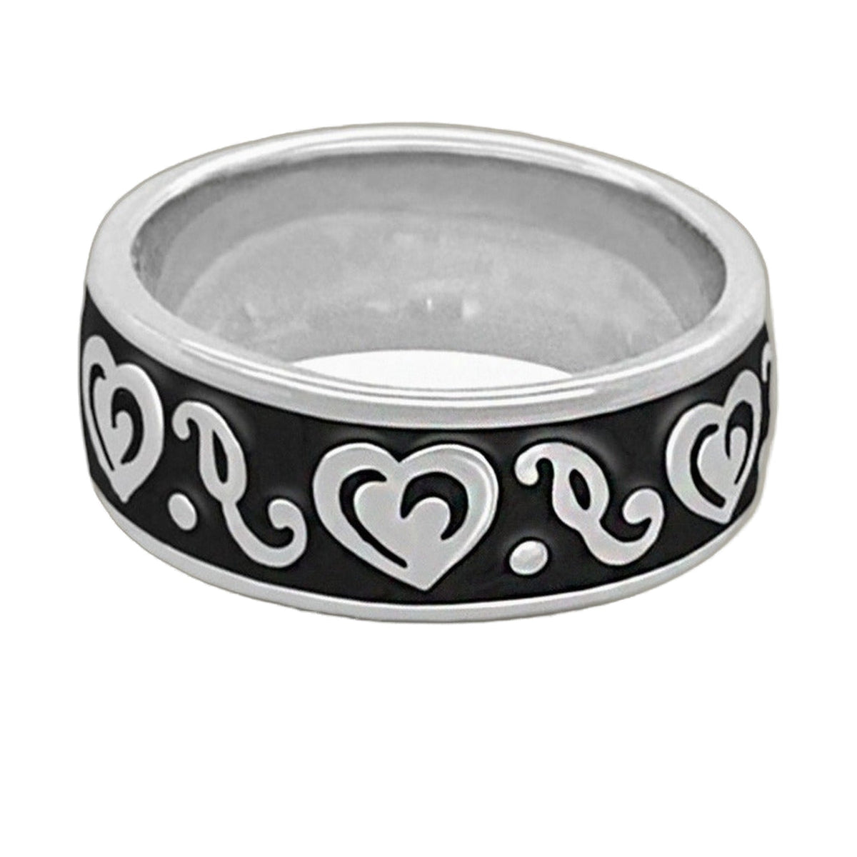 Hidden Hearts Ring - Enamel Scroll Band, black enamel with white scroll heart motif on Tampa Home & Garden Store