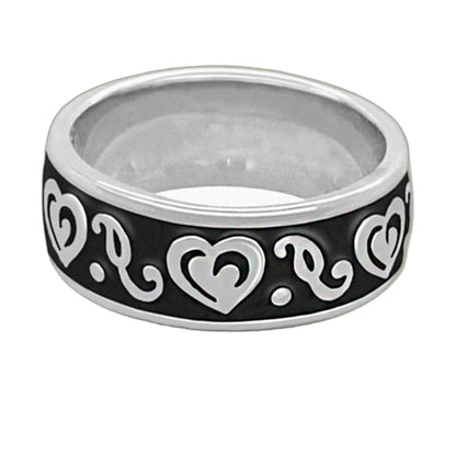 Hidden Hearts Ring - Enamel Scroll Band, black enamel with white scroll heart motif on Tampa Home & Garden Store