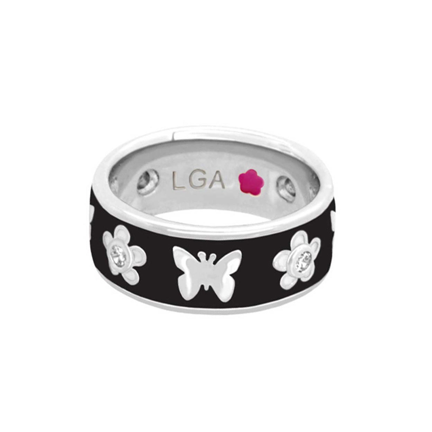Butterfly World Band ring in black enamel with white floral motifs; LGA inner stamp pink flower on Tampa Home & Garden Store