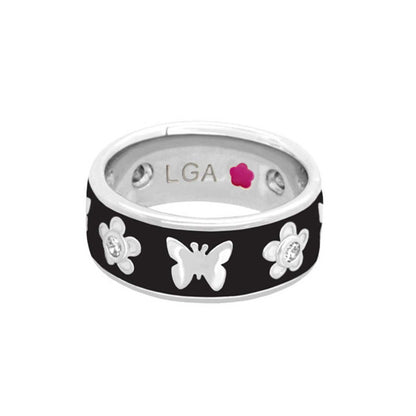 Butterfly World Band ring in black enamel with white floral motifs; LGA inner stamp pink flower on Tampa Home & Garden Store