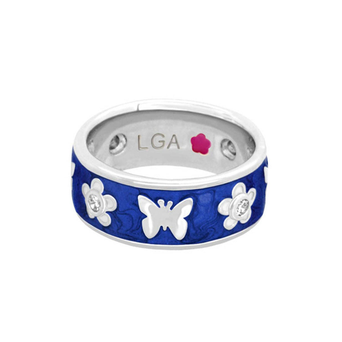 Blue enamel butterfly band ring by Lauren G Adams, white butterfly and floral motifs, silver edge on Tampa Home & Garden Store