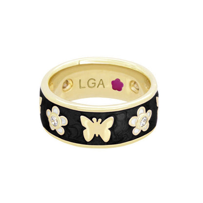 Band ring by Lauren G Adams with black enamel, gold band and butterfly floral motifs on Tampa Home & Garden Store
