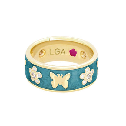 Butterfly World Band ring in teal enamel with gold trim and crystal accents, LGA engraving on Tampa Home & Garden Store