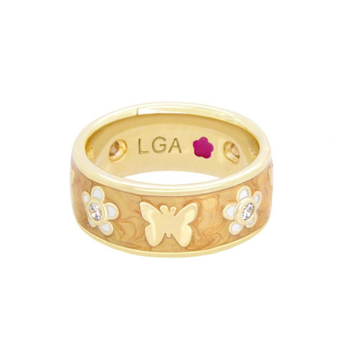 Butterfly World Band ring, gold-tone band with butterfly & flower motifs, pink LGA logo on Tampa Home & Garden Store