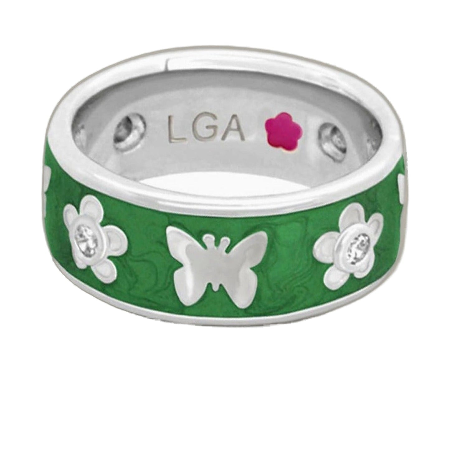 Band Ring Butterfly World Band packaging by Lauren G Adams, green can with white butterflies on Tampa Home & Garden Store