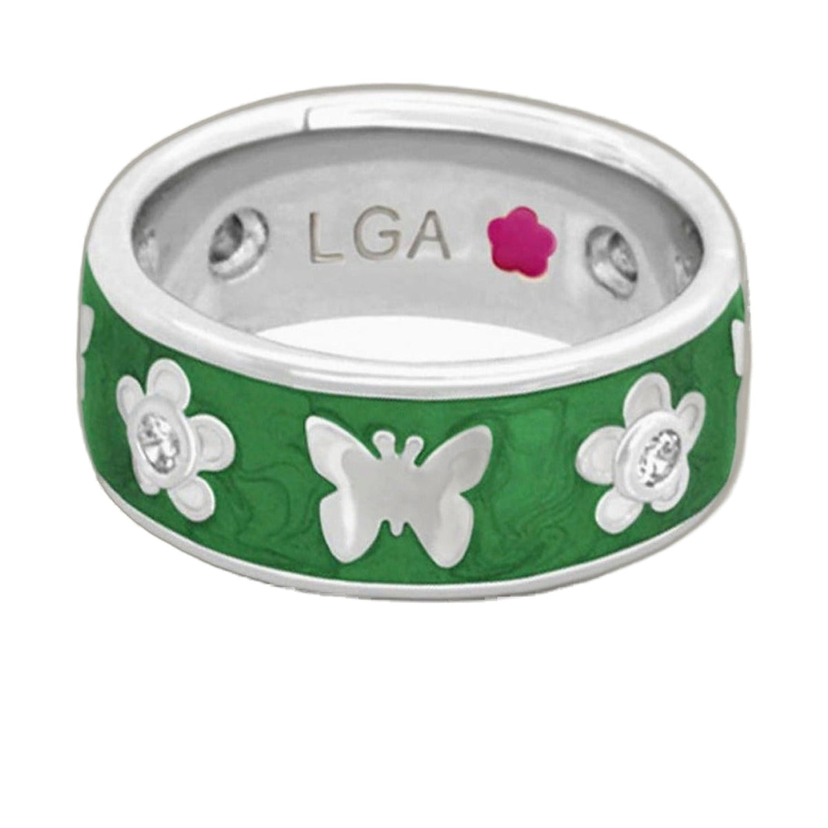 Band Ring Butterfly World Band packaging by Lauren G Adams, green can with white butterflies on Tampa Home & Garden Store