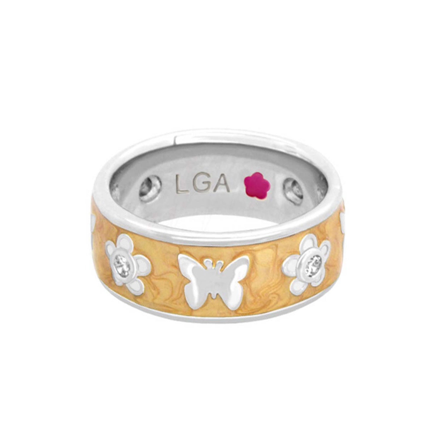 Butterfly World Band ring in gold-tone enamel with silver butterfly accents LGA engraving inside on Tampa Home & Garden Store