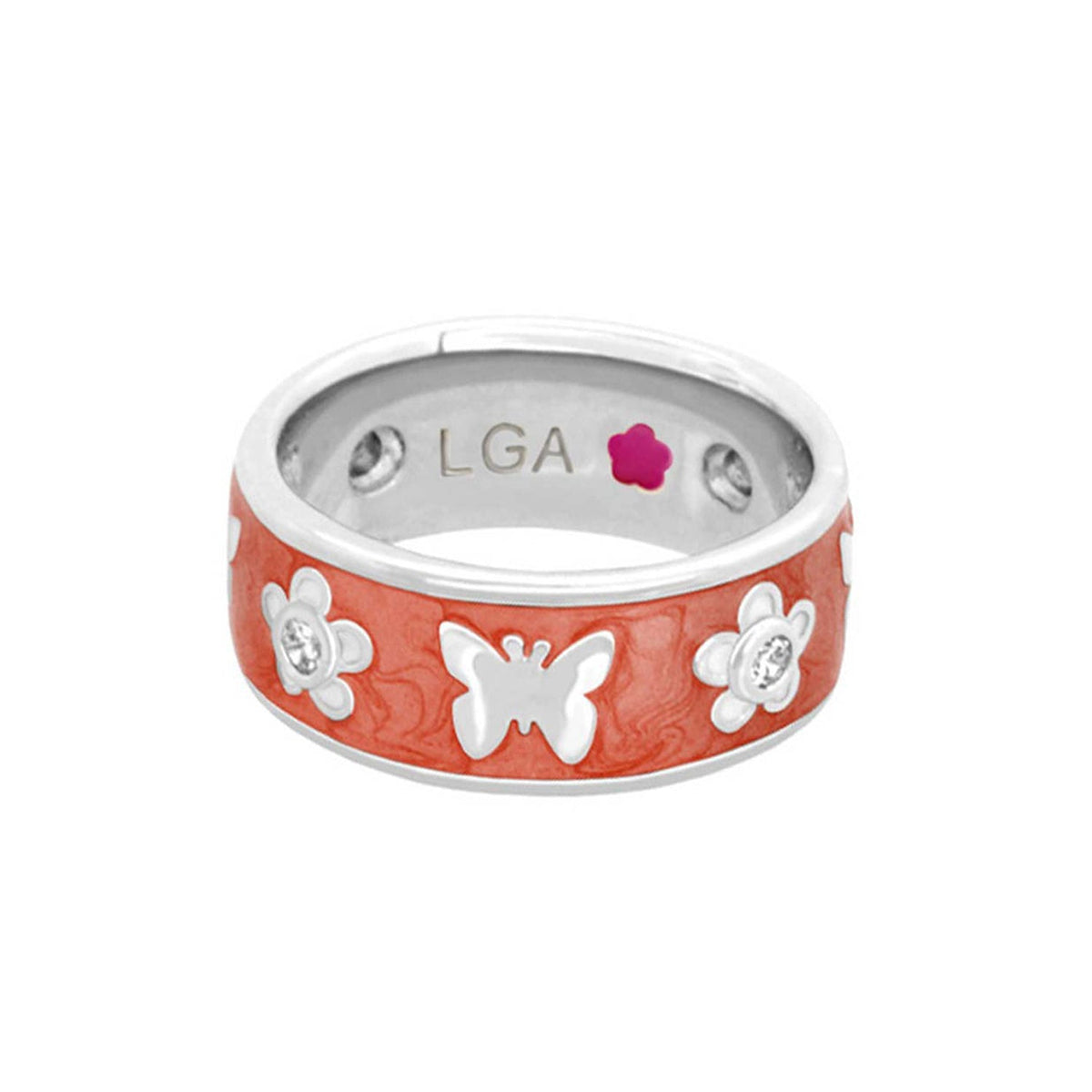 Band ring Butterfly World Band in coral enamel with flower accents and butterfly motif, LGA on Tampa Home & Garden Store