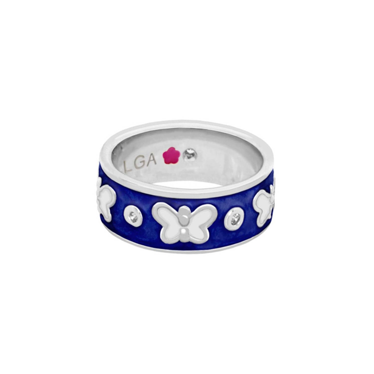 Lauren G Adams Butterfly World Ring blue enamel band with framed butterflies and crystals on Tampa Home & Garden Store