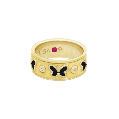 Gold tone band ring with black and white butterfly motifs and crystal accents, LGA inside on Tampa Home & Garden Store