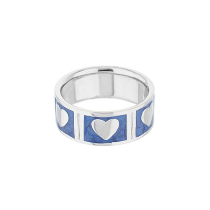 Lots of Love Ring band ring with blue enamel panels and white heart motifs in silver on Tampa Home & Garden Store