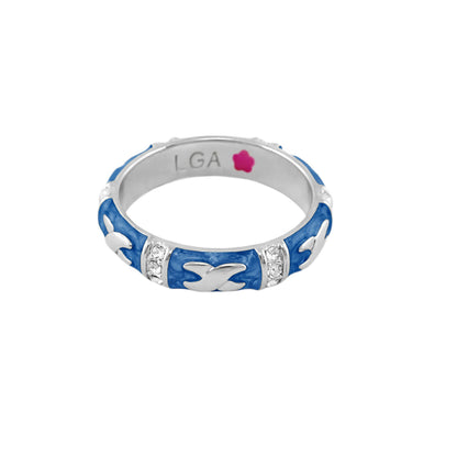 Elegant Hugs Stackable Ring by Lauren G Adams, blue enamel band with silver hug motifs on Tampa Home & Garden Store