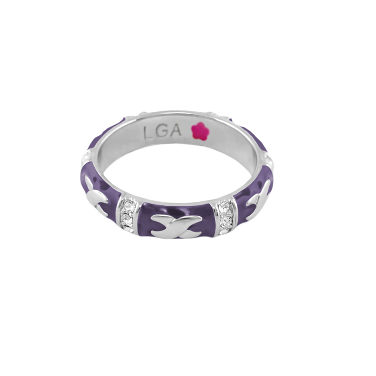 Elegant Hugs Stackable Ring in purple enamel with silver hug motifs CZ accents, LGA inside on Tampa Home & Garden Store