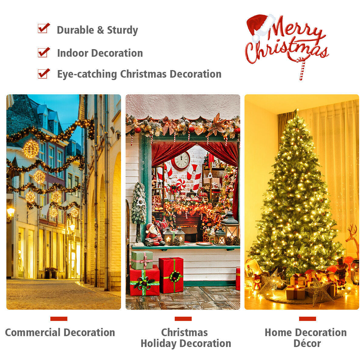 7.5 ft artificial Christmas tree with LED lights and pine cones collage of storefronts on Tampa Home & Garden Store